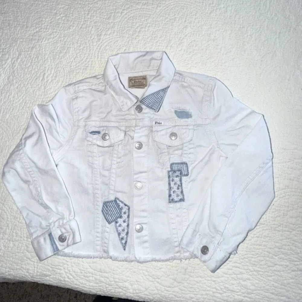 Polo Ralph Lauren Girls 6X White Denim Jacket Blue Patchwork Y2K Vintage